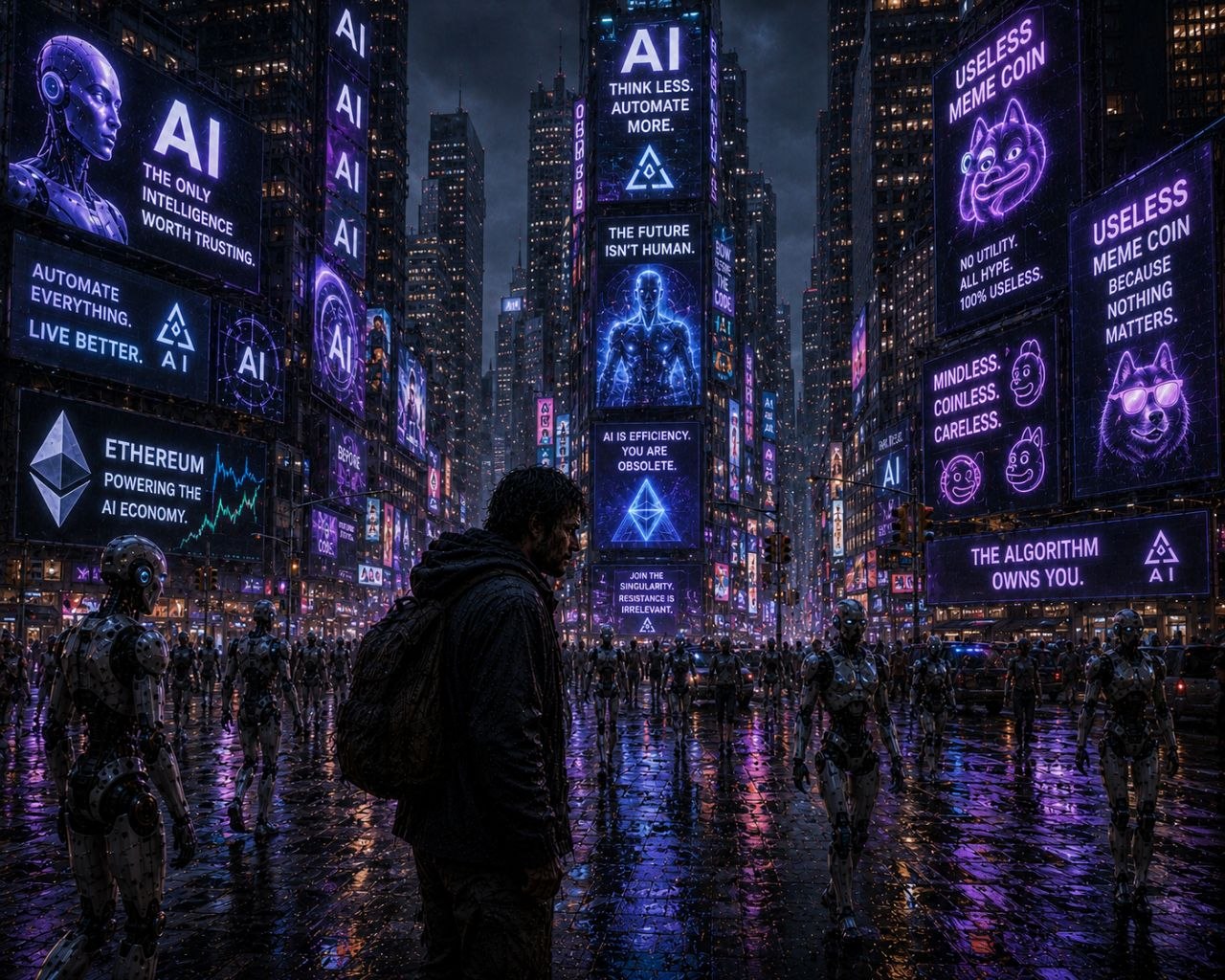 The last human standing before two towering robots in a neon city